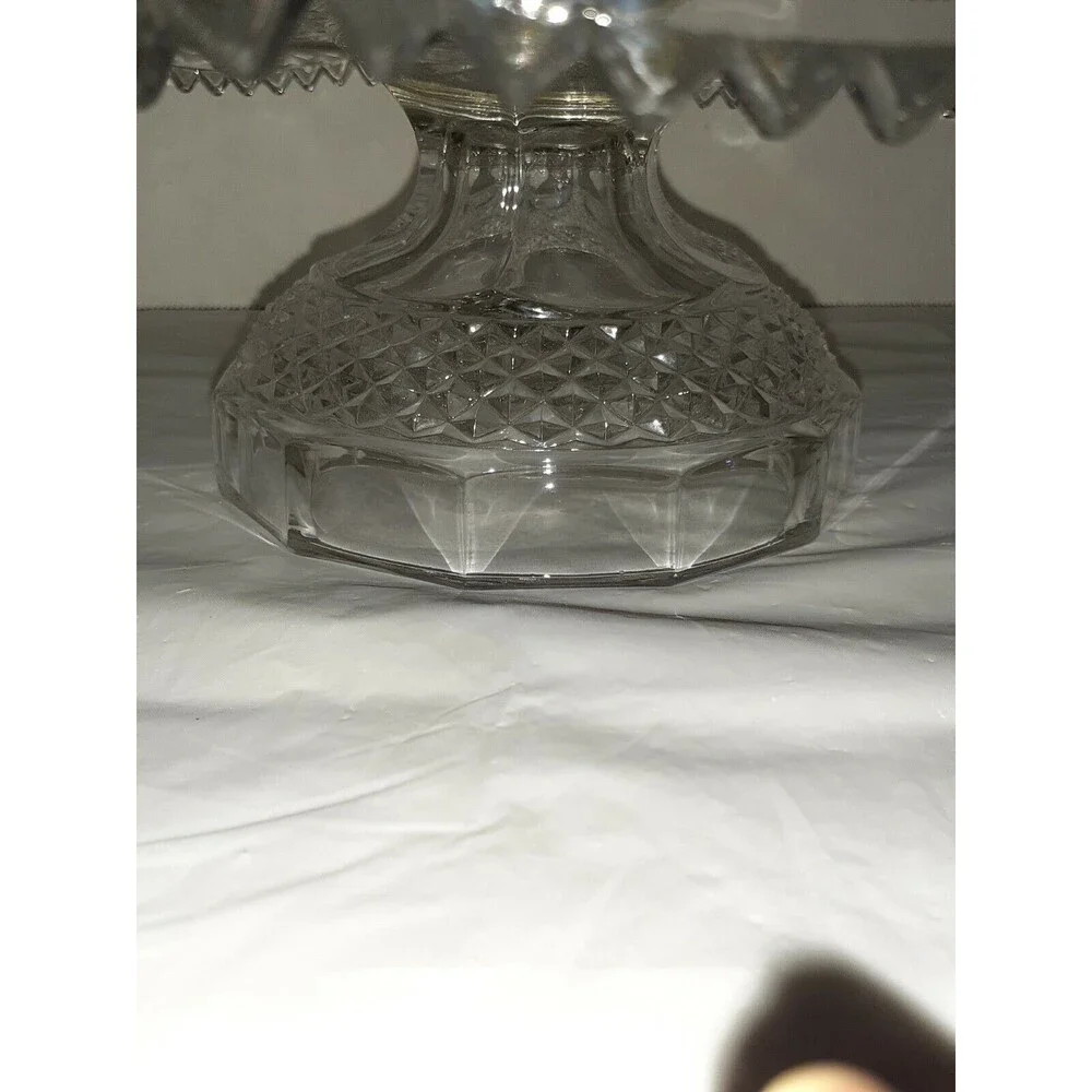 Vtg Cake Plate Early MCM Pattern Glass Stand Clear Pedestal Zig Zag Edge